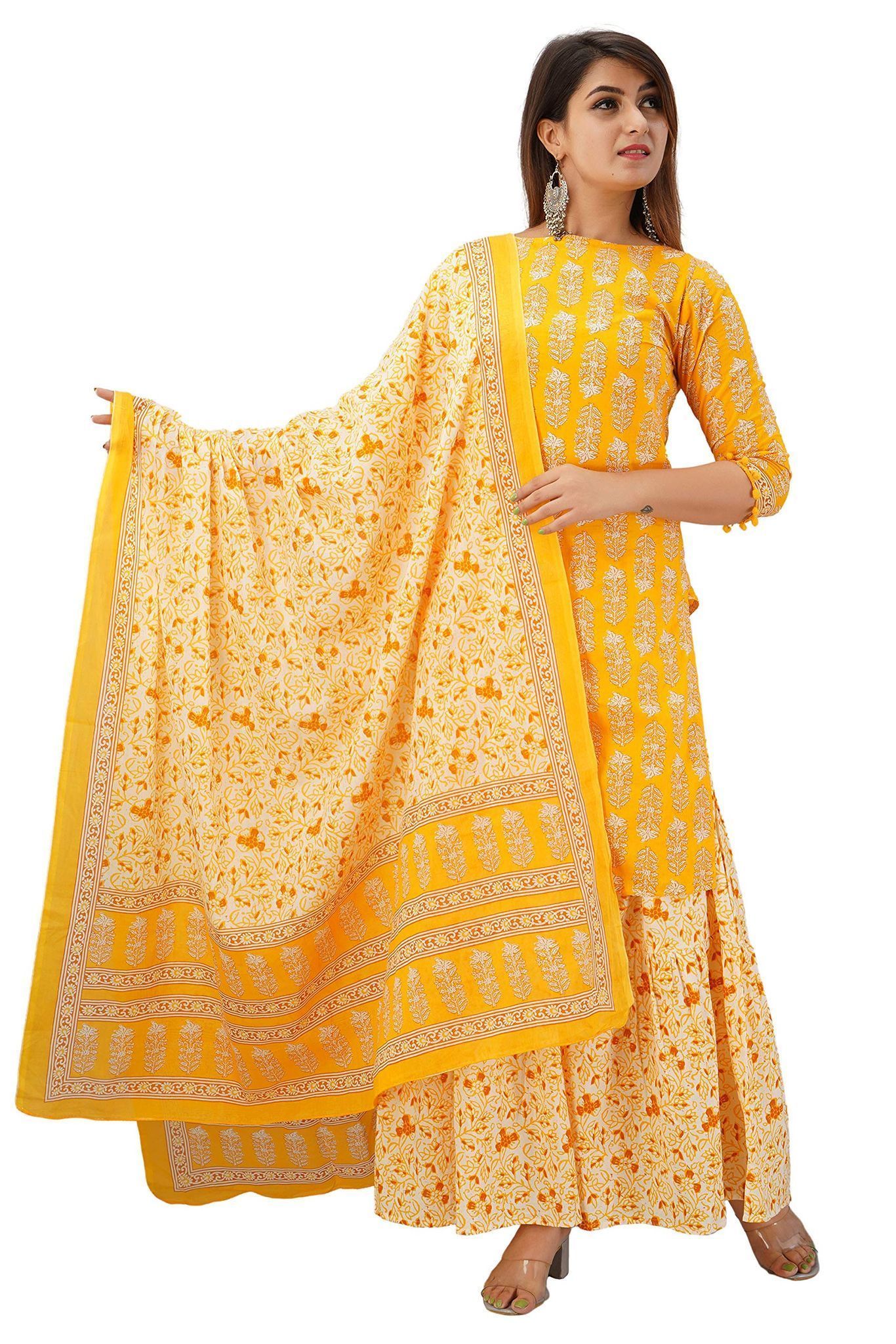 JAIPURETHNICWEAVES Women's Cotton Cambric Floral Printed Straight Kurta Sharara & Dupatta Set