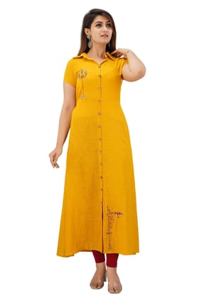 JAIPURETHNICWEAVES Women's Cotton Slub Embroidered A-Line Kurta