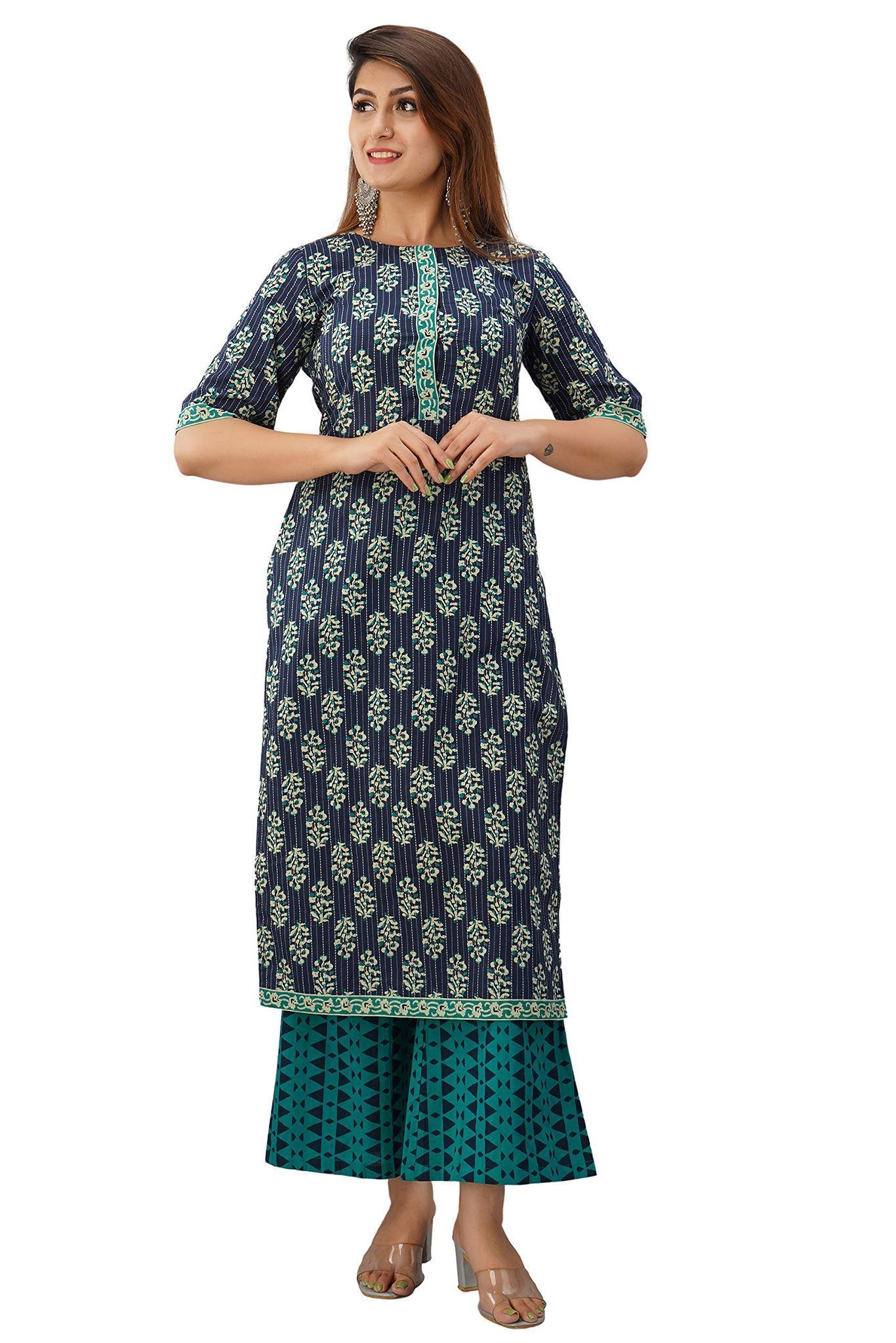 JAIPURETHNICWEAVES Women's Cotton Cambric Floral Printed Straight Kurta & Palazzo Set