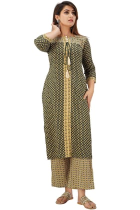 JAIPURETHNICWEAVES Women's Cotton Cambric Buti Printed Straight Kurta Palazzo & Dupatta Set