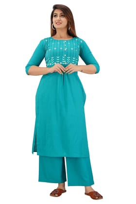 JAIPURETHNICWEAVES Women's Cotton Cambric Embroidered Straight Kurta & Palazzo Set