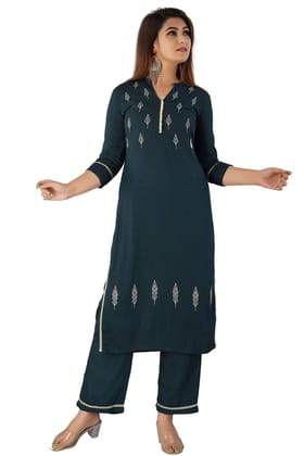 JAIPURETHNICWEAVES Women's Rayon Slub Embroidered Straight Kurta & Palazzo Set