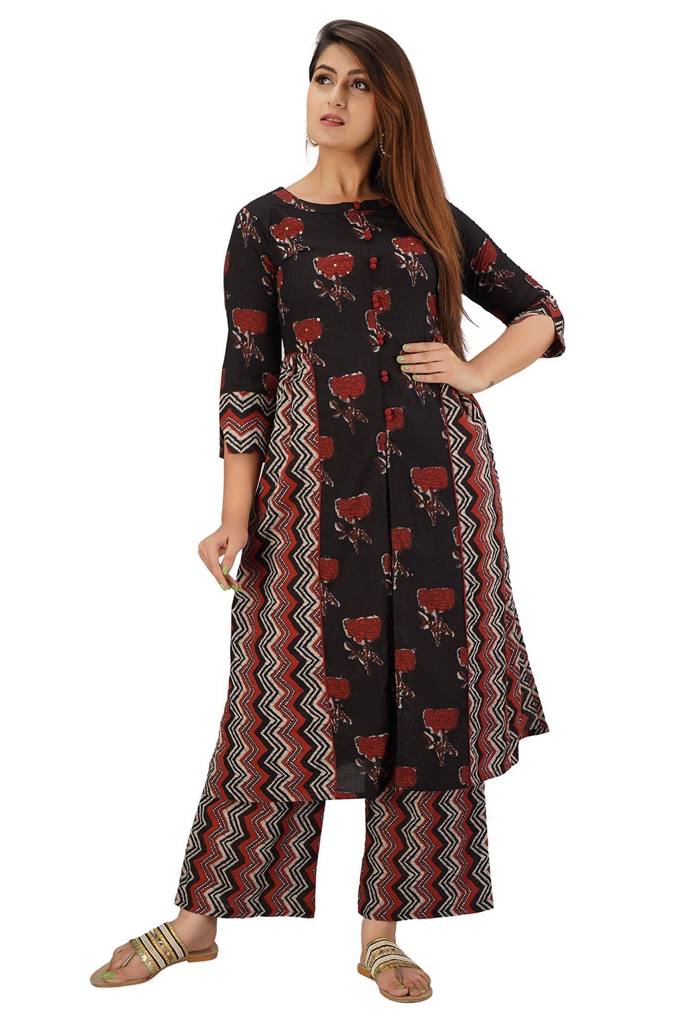 JAIPURETHNICWEAVES Women's Cotton Cambric Buti Printed Straight Kurta & Palazzo Set