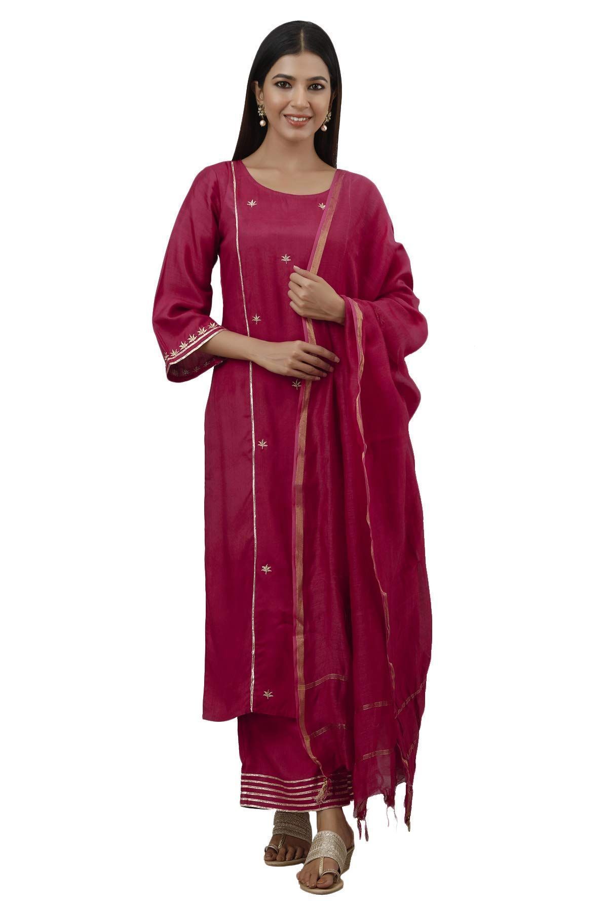 JAIPURETHNICWEAVES Women's Blend, Rayon Straight Kurta Palazzo Dupatta Set (242ANKPD4041PK_Beige And Red)