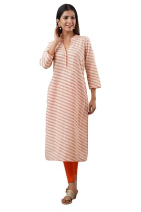 JAIPURETHNICWEAVES Women's Cotton Cambric Lehriya Print Straight Kurta (Orange)