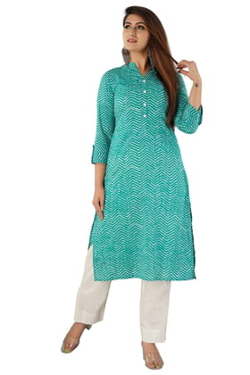 JAIPURETHNICWEAVES Women's Cotton Cambric Zig Zag Printed Straight Kurta (Green)