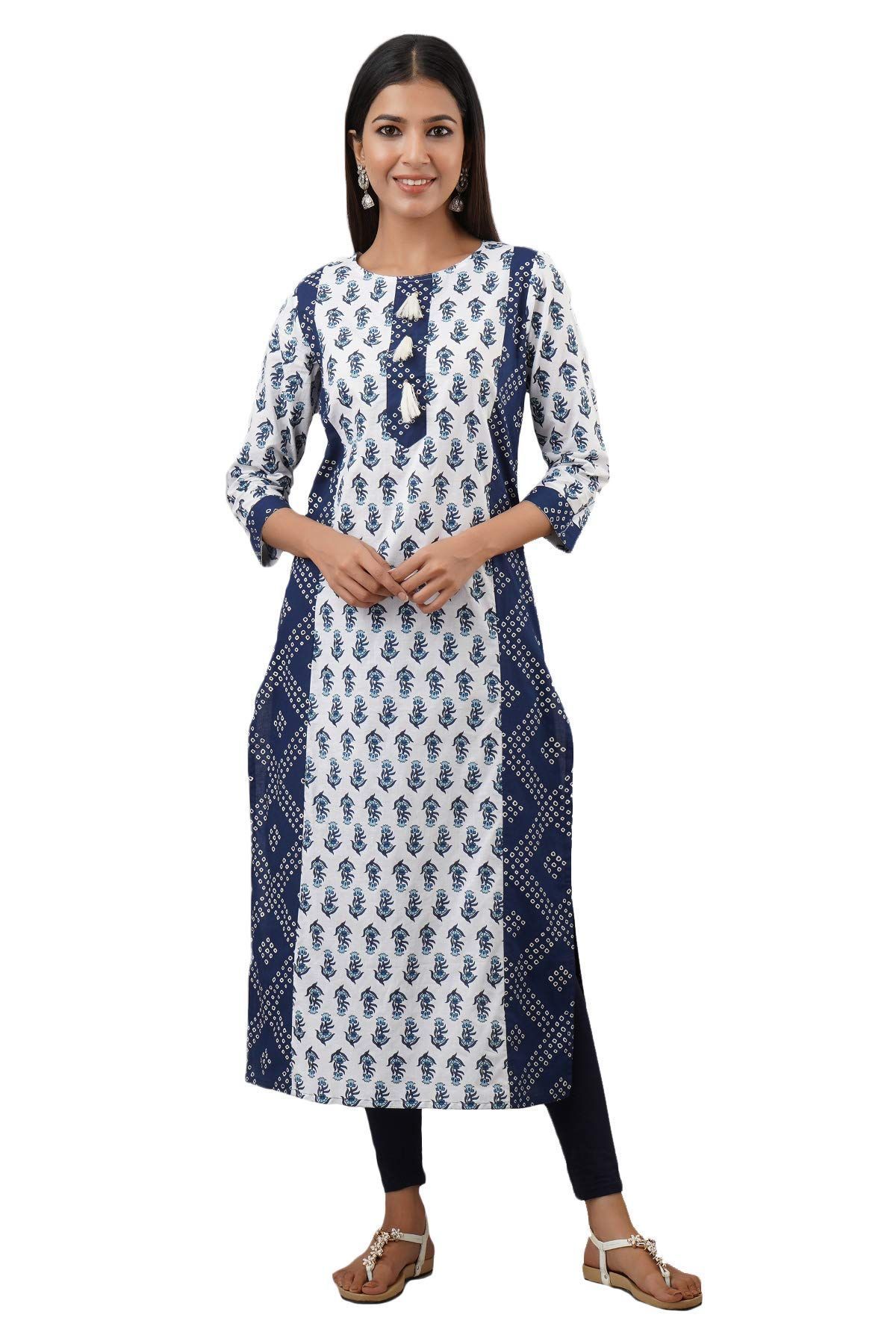 JAIPURETHNICWEAVES Women's Cotton Booti Bandhej Print Straight Kurta