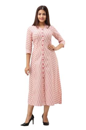 JAIPURETHNICWEAVES Women's Cotton Striped Printed A-Line Kurta (Pink)