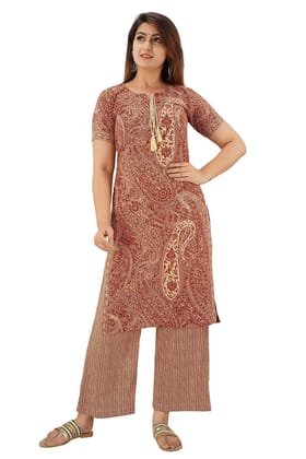 JAIPURETHNICWEAVES Women's Cotton Cambric Paisley Printed Straight Kurta & Palazzo Set