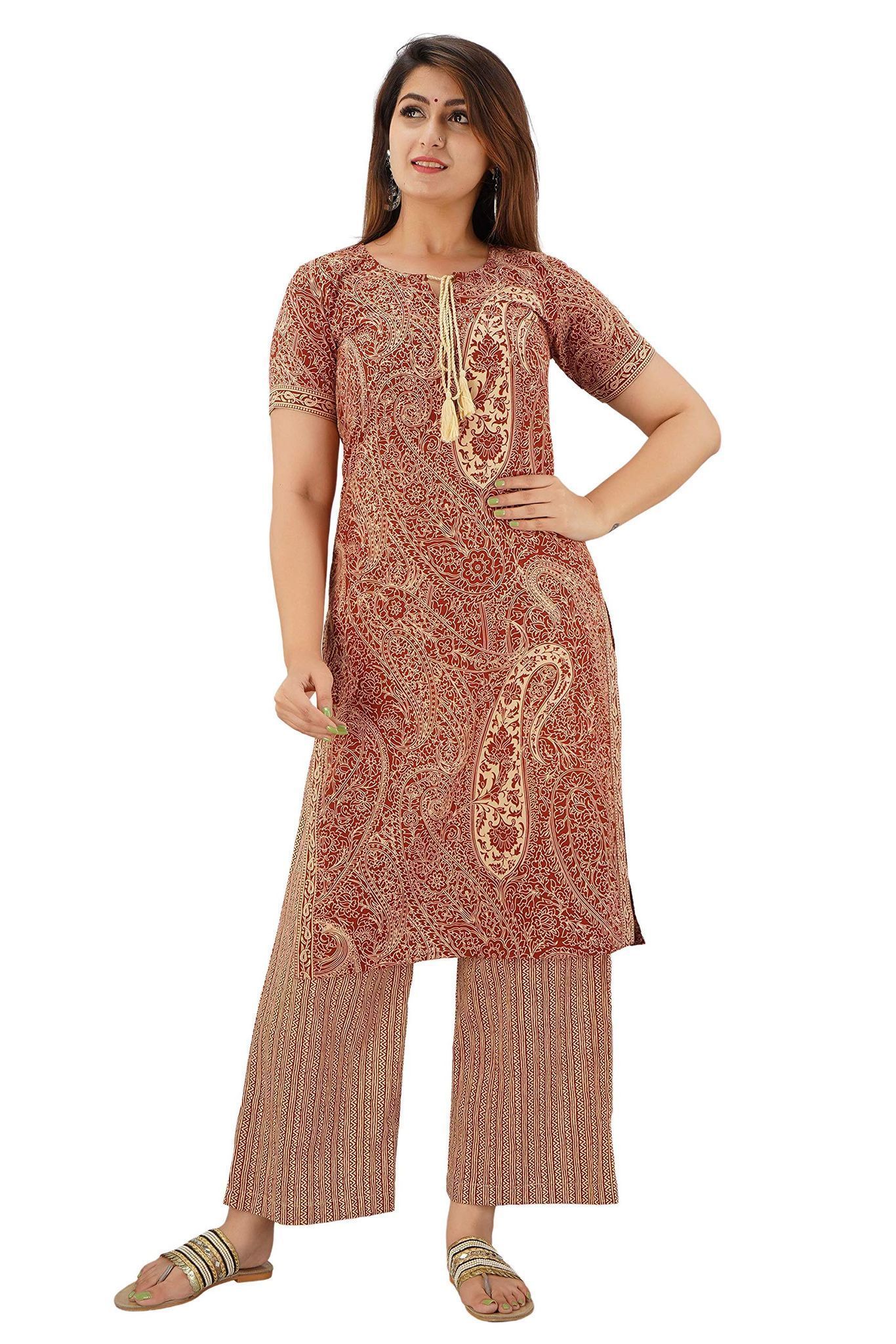 JAIPURETHNICWEAVES Women's Cotton Cambric Paisley Printed Straight Kurta & Palazzo Set