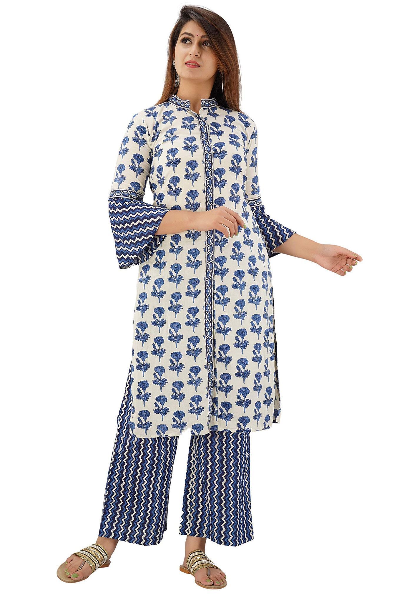 JAIPURETHNICWEAVES Women's Cotton Cambric Floral Printed Straight Kurta & Palazzo Set