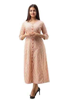 JAIPURETHNICWEAVES Women's Cotton Striped Printed A-Line Kurta (Orange)