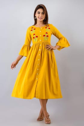 JAIPURETHNICWEAVESWomens Cotton Blend Embroidered Anarkali Kurta (Yellow)