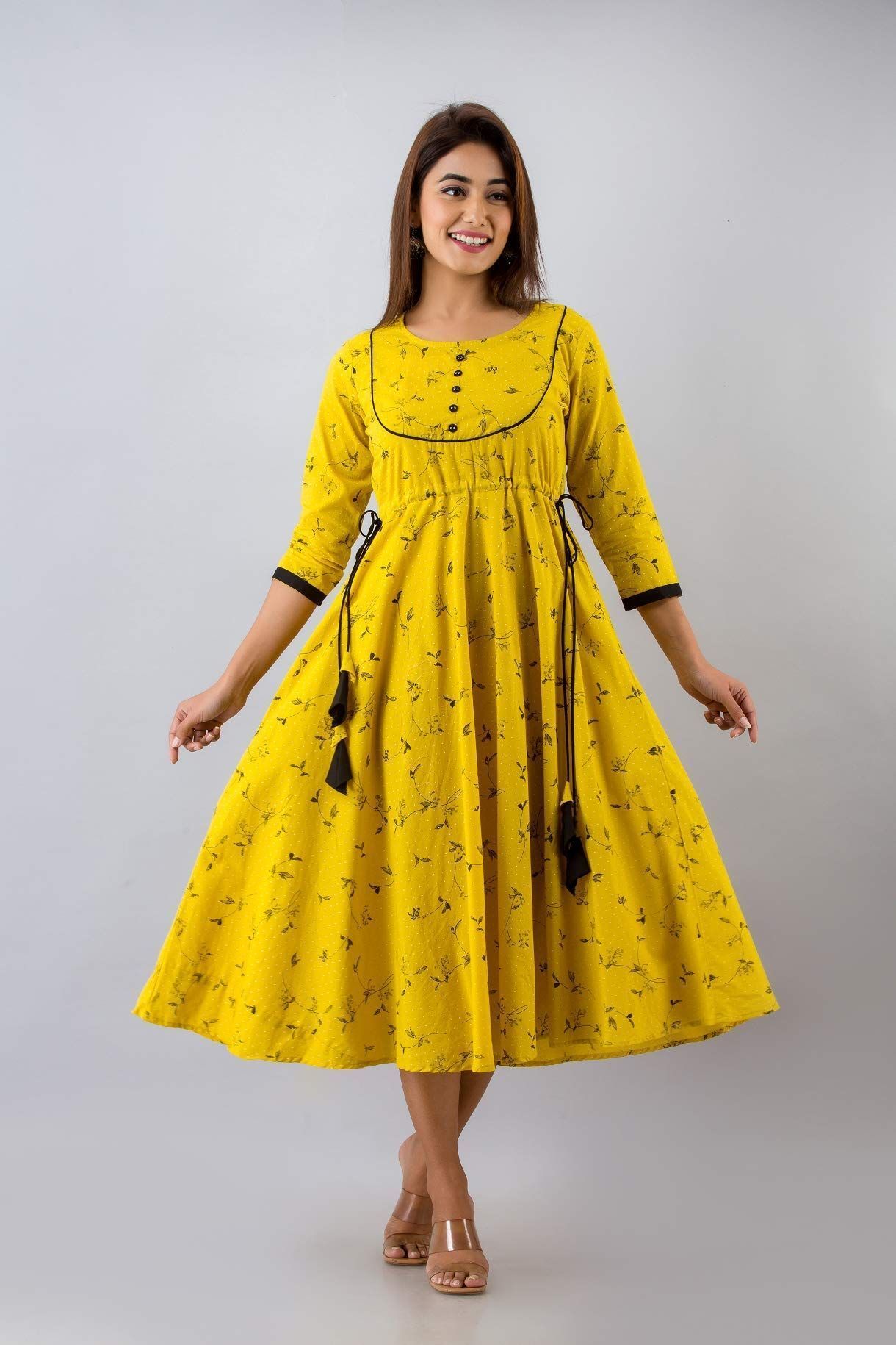 JAIPURETHNICWEAVESWomens Cotton & Rayon Blend Floral Print Anarkali Kurta (Yellow)