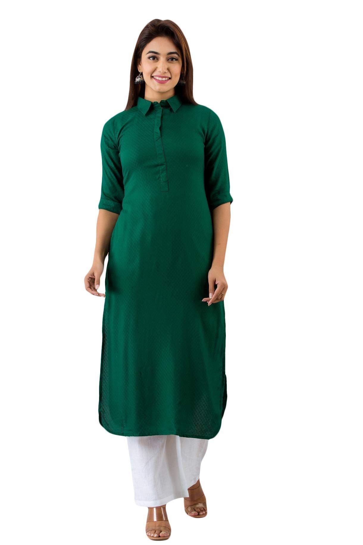 JAIPURETHNICWEAVESWomens Rayon Blend Solid Straight Kurta (Green)