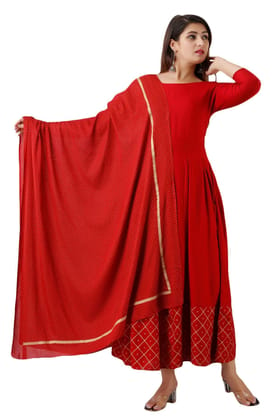 JAIPURETHNICWEAVES Womens Rayon Solid Anarkali Kurta Dupatta (Red)