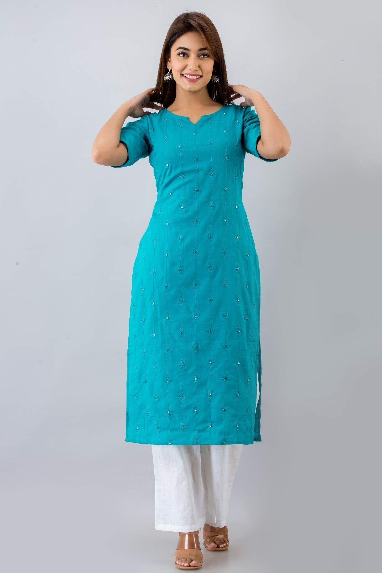 JAIPURETHNICWEAVESWomens Cotton Blend Embellished Straight Kurta (Turquoise)