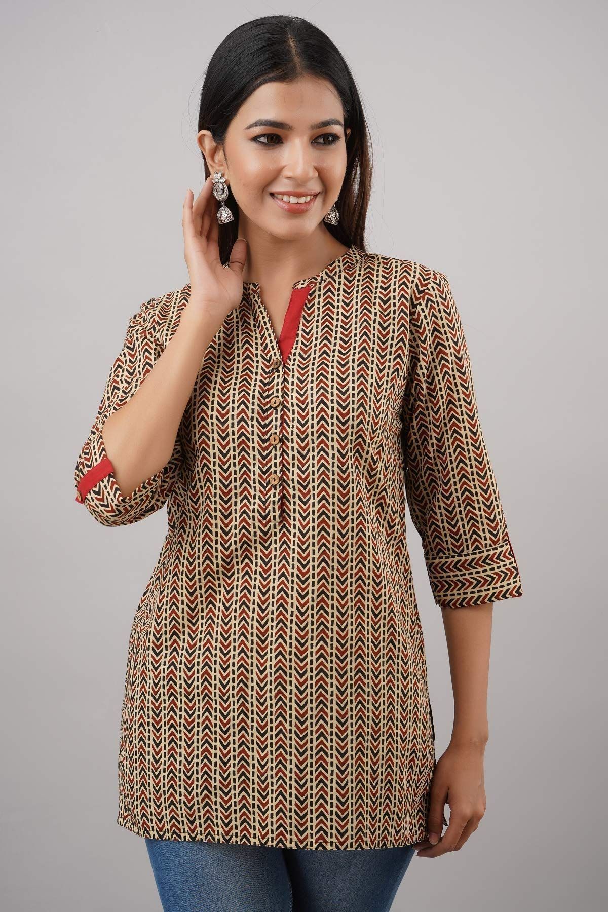 JAIPURETHNICWEAVESWomen's Cotton Cambric Block Print Straight Tunic (Beige)