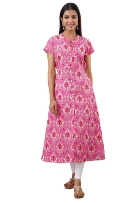 JAIPURETHNICWEAVES Women's Cotton Cambric Ikat Print A-Line Kurta