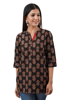 JAIPURETHNICWEAVESWomen's Cotton Cambric Block Print Straight Tunic (Black)