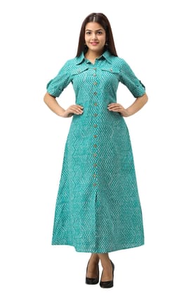 JAIPURETHNICWEAVES Women's Cotton Zig Zag Printed A-Line Kurta (Green)