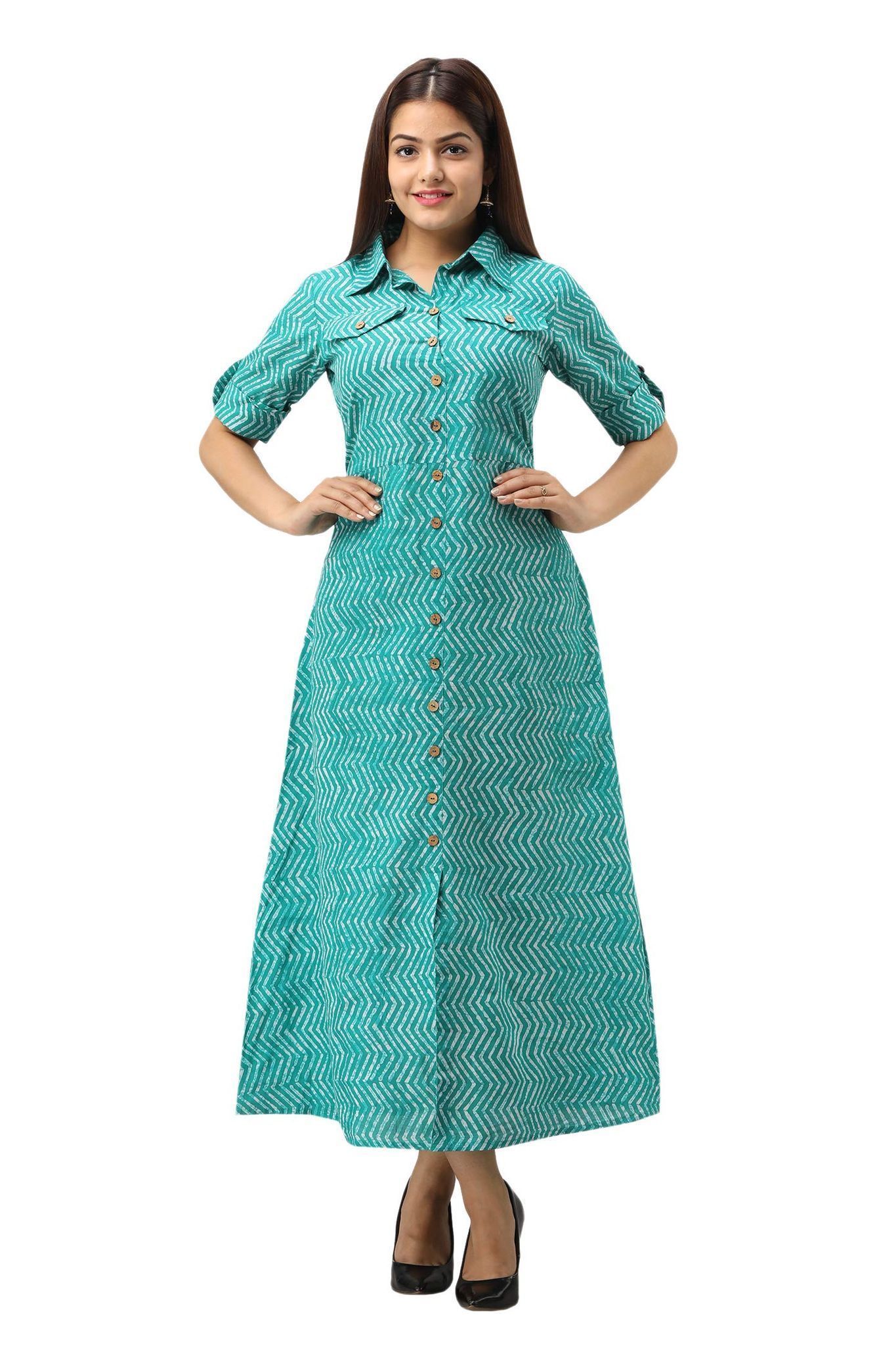 JAIPURETHNICWEAVES Women's Cotton Zig Zag Printed A-Line Kurta (Green)