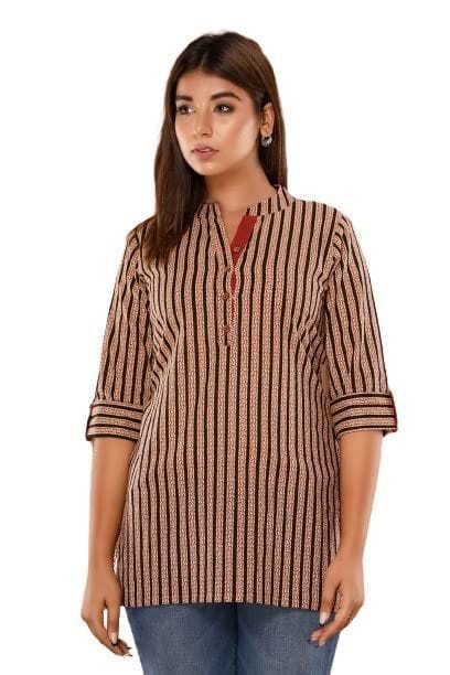 JAIPURETHNICWEAVES Womens Cotton Cambric Stripes Print Straight Tunic (Black)