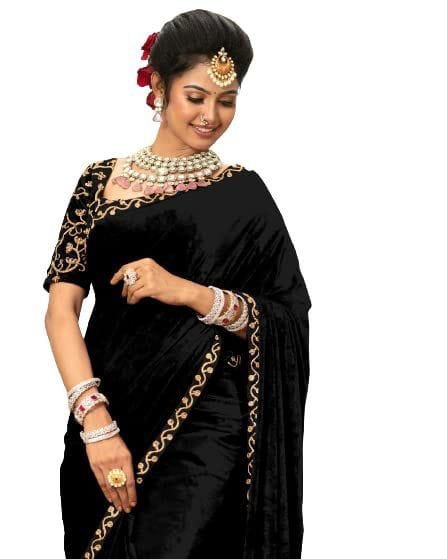 Dream Crushers Women's Heavy Velvet Embroidery Border Saree With Embroidery work Blouse Piece