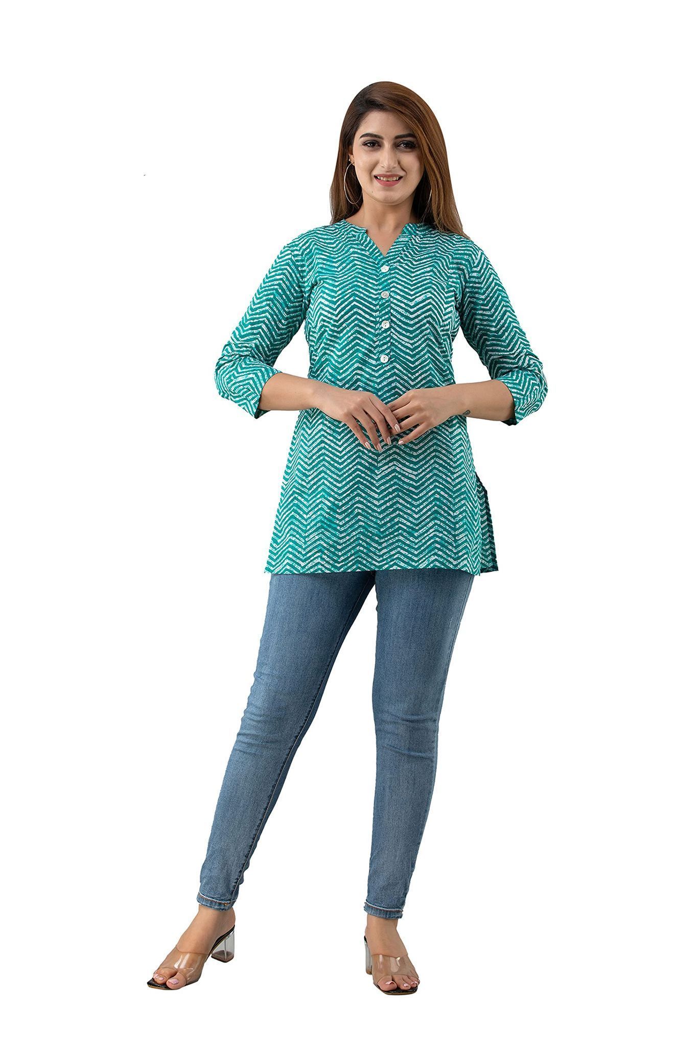 JAIPURETHNICWEAVESWomens Cotton Cambric Block Print Straight Tunic (Turquoise)