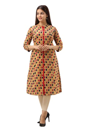 JAIPURETHNICWEAVES Women's Cotton Printed A-Line Kurta (Mustard)