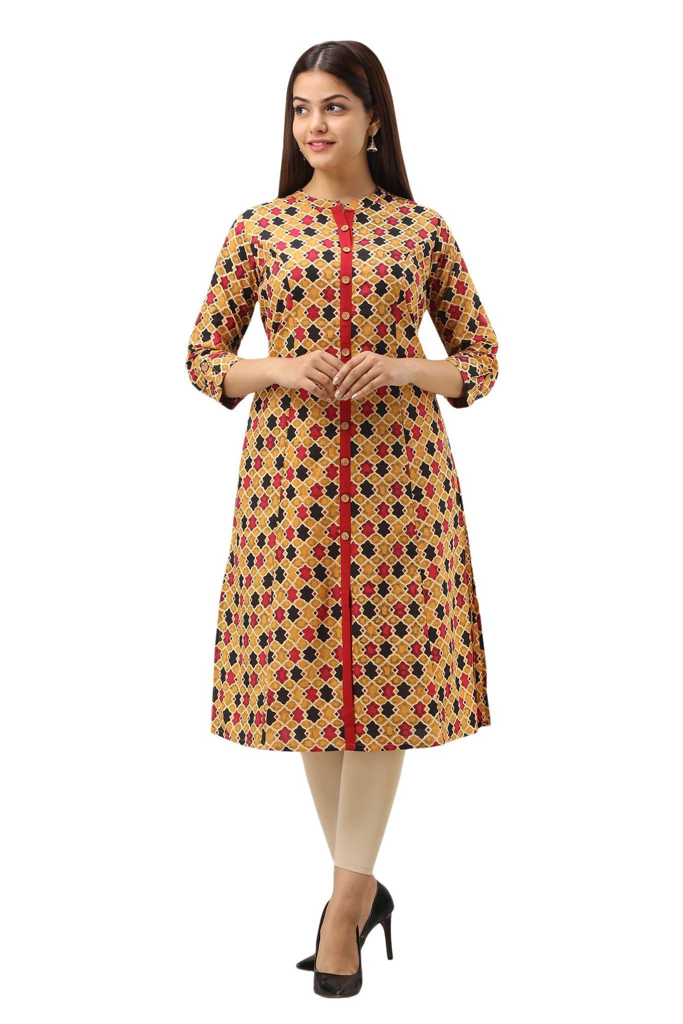 JAIPURETHNICWEAVES Women's Cotton Printed A-Line Kurta (Mustard)