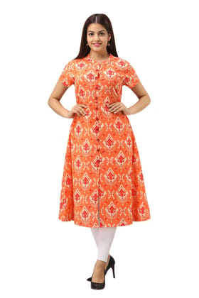 JAIPURETHNICWEAVES Women's Cotton Geometric Printed A-Line Kurta (Orange)