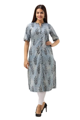 JAIPURETHNICWEAVES Women's Cotton Printed Straight Kurta (Blue)