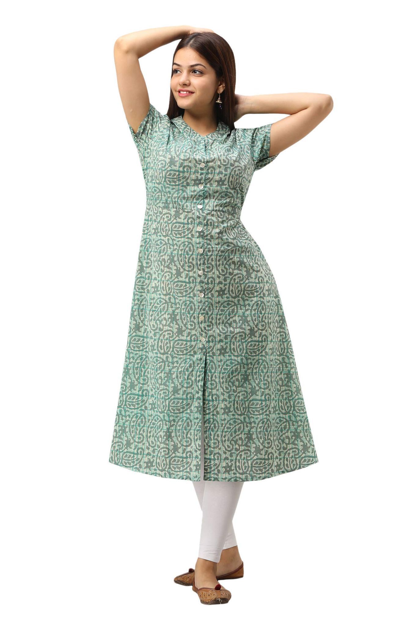 JAIPURETHNICWEAVES Women's Cotton Geometric Printed A-Line Kurta (Green)