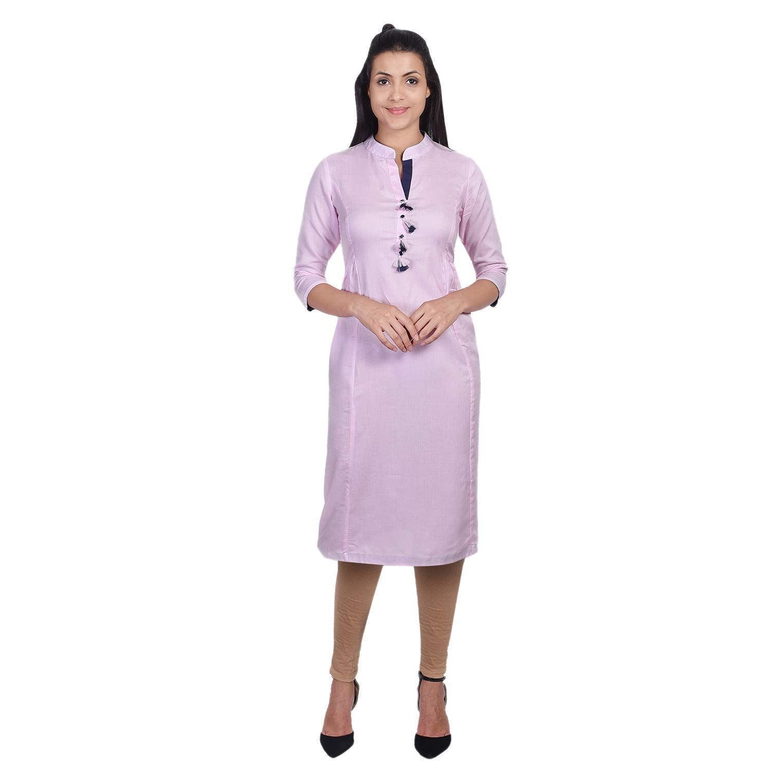 JAIPURETHNICWEAVES Women's Rayon Solid A-Line Kurta (Light Pink)