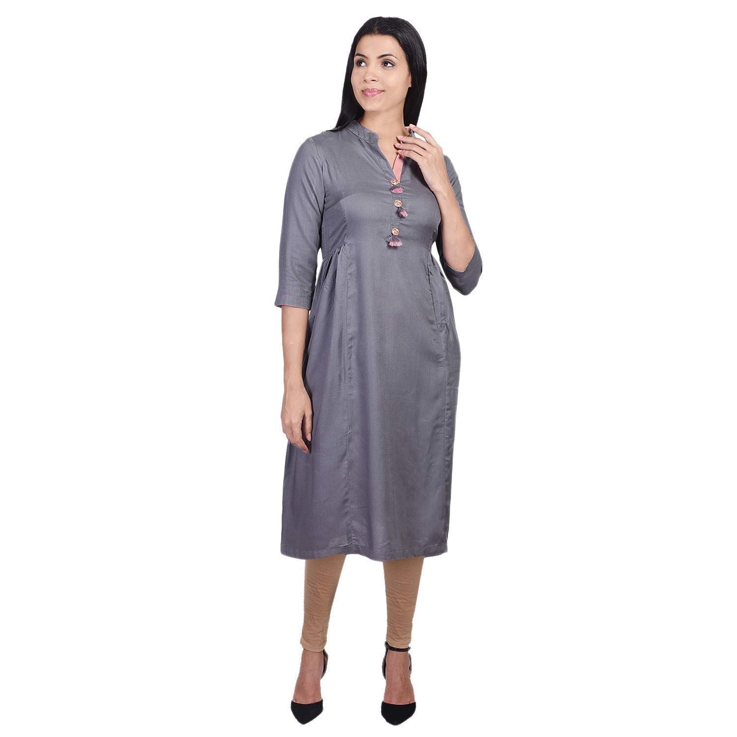 JAIPURETHNICWEAVES Women's Rayon Solid A-Line Kurta (Grey)