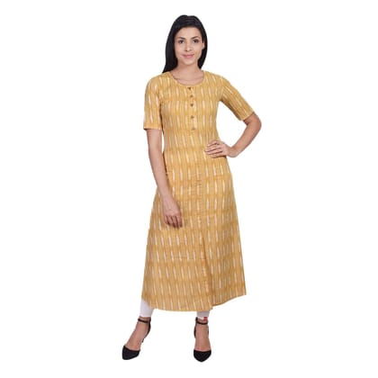 JAIPURETHNICWEAVES Women's Cotton Ikat Printed A-Line Kurta (Mustard & White)