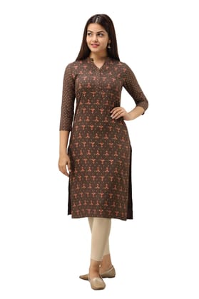 JAIPURETHNICWEAVES Women's Rayon Geometric Printed Straight Kurta (Brown)