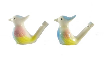 Pair of ceramic bird water whistle musical toy - fill the water and blow the bird for different sounds / whistle for kids - terracotta bird figure deor