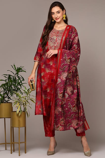 Buy Maroon Silk Blend Suit - Set of 3, PJHCC21-1/POCH2