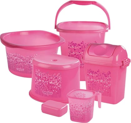 Nayasa by Bansal Group Plastic Bathroom Set of 6-Pieces (Bathroom Mug Stool Patla, Soap Case, Dustbin and Tub, 25 L, Pink)