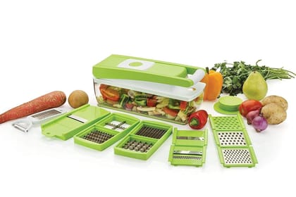 A2DR Purpose Plastic Vegetable and Fruit Chopper Cutter Grater Slicer Chipser and Dicer for Kitchen with 10 Stainless Steel Blades and 1 Peeler (Set of 11 Pcs, Green Slicer Set)