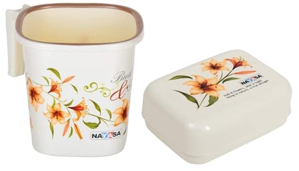 Nayasa Plastic Square Ring Bathroom Mug with Matching Soap case (1.5 liters, Off-White, 2-Pieces) by Krishna Enterprises