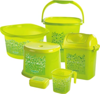 Nayasa by Bansal Group Plastic Bucket Set of 6 Pieces (Bathroom Mug Stool Patla, Soap Case, Dustbin and Tub, 25 L, Green)
