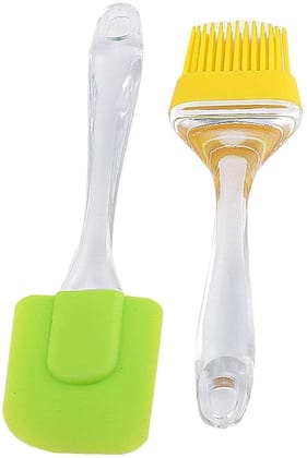 A2DR Multipurpose Silicon Brush & Spatula for Kitchen Cooking Oiling, Face, Clove Pastry Cake Mixer, Decorating, Backing, Glazing, Brush for Grilling Tandoor in Big Size (Multicolor, Set of 2)