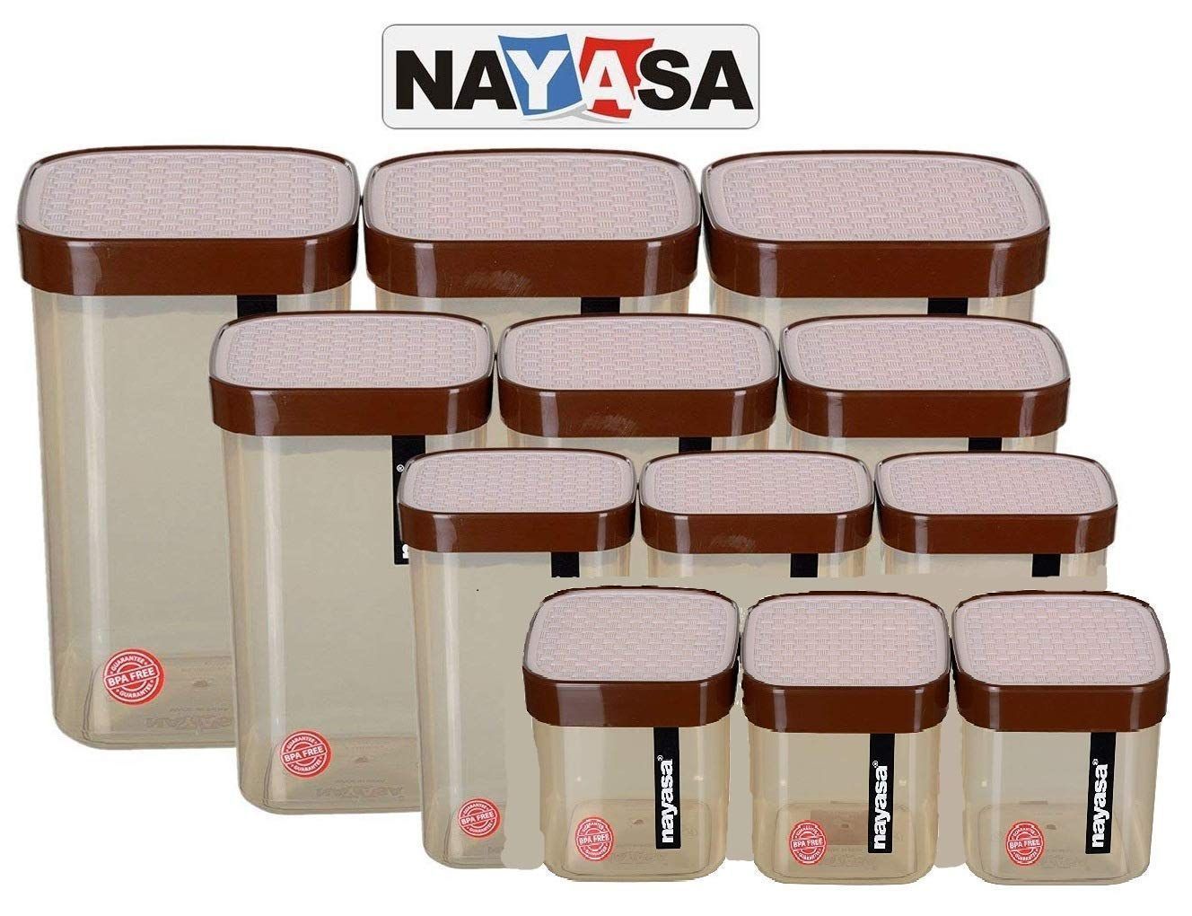 Nayasa Fusion Deluxe Containers Box/Polypropylene Grocery Container, Pack of 12 (1500ml 3Pcs, 1000ml 3Pcs, 750ml 3Pcs, 550ml 3Pcs), (Beige/Brown) by Bansal Group