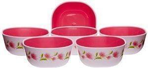 Nayasa Superplast Square DLX Plastic Floral Bowl Set (200 ml, Set of 6, Pink)