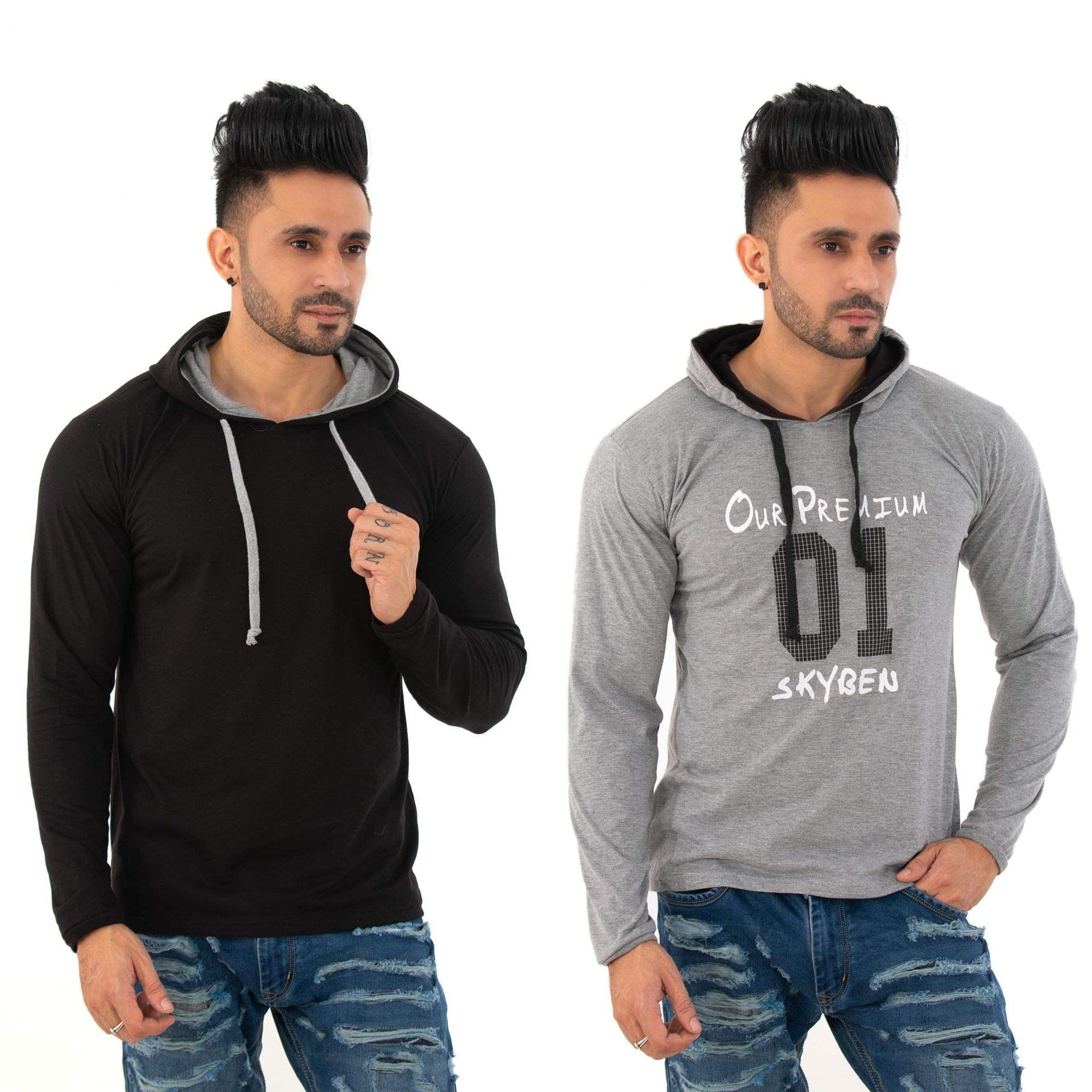 Men's Hooded Light Grey and Black T Shirt