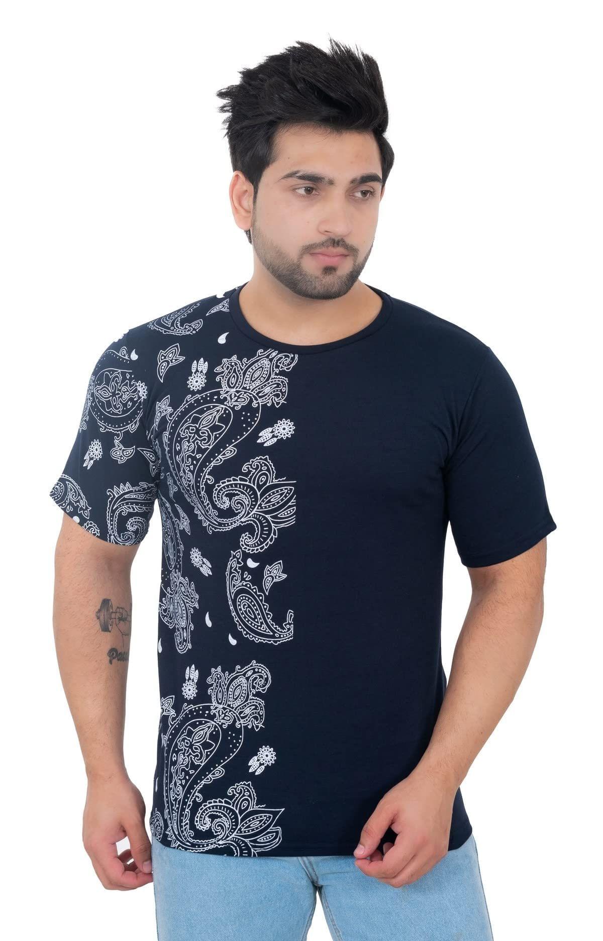 Round Neck Half Sleeves Men's Printed Blue T Shirt