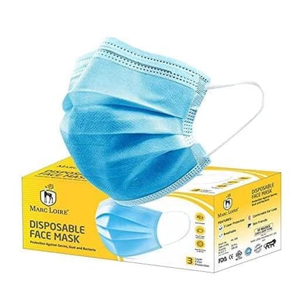 Marc Loire Non Woven Fabric Disposable Face Mask with Nose Clip (Blue, Without Valve, 20 Pieces) for Unisex
